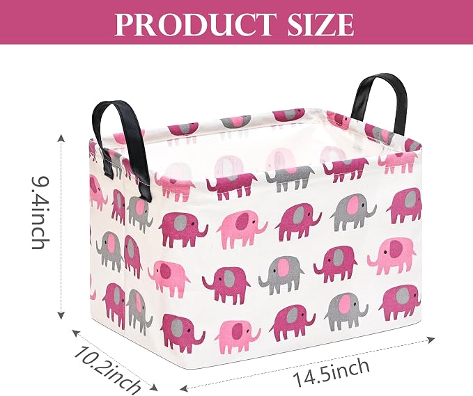 Baby Storage Basket Nursery Box Laundry Hamper Organization Bins for Toys and Clothes with Handles (Pink Elephant)