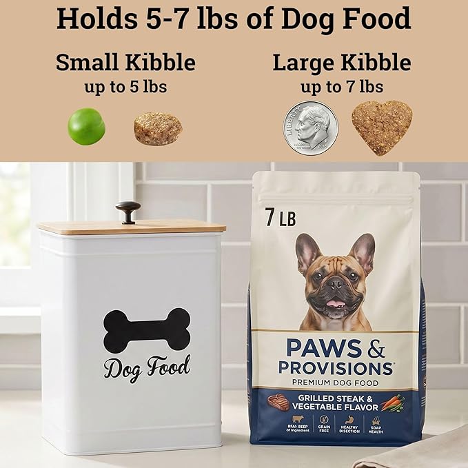 Metal Dog Food Container 5-7lb, 25 Cup w/ Airtight Bamboo Lid, Metal Handle | Pet Jar For Dogs up to 50lbs, Airtight Bamboo Lid, Sturdy Comfortable Metal Handle, Powder Coated Iron, Kibble Storage Bin