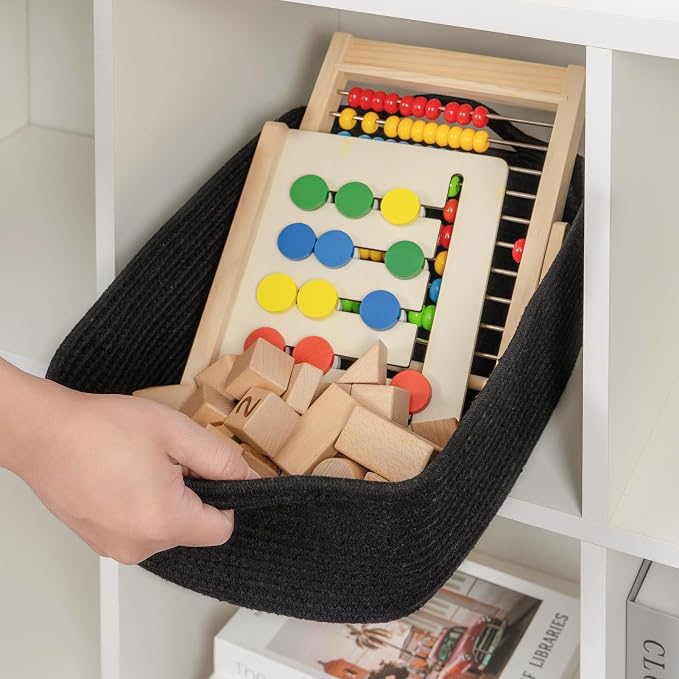 CubesLand Cube Storage Organizer Basket Bin, Cotton Rope Shelves Basket | Durable Woven Rectangular Shelf Basket for Organizing, Nursery Toys Basket, Black Basket