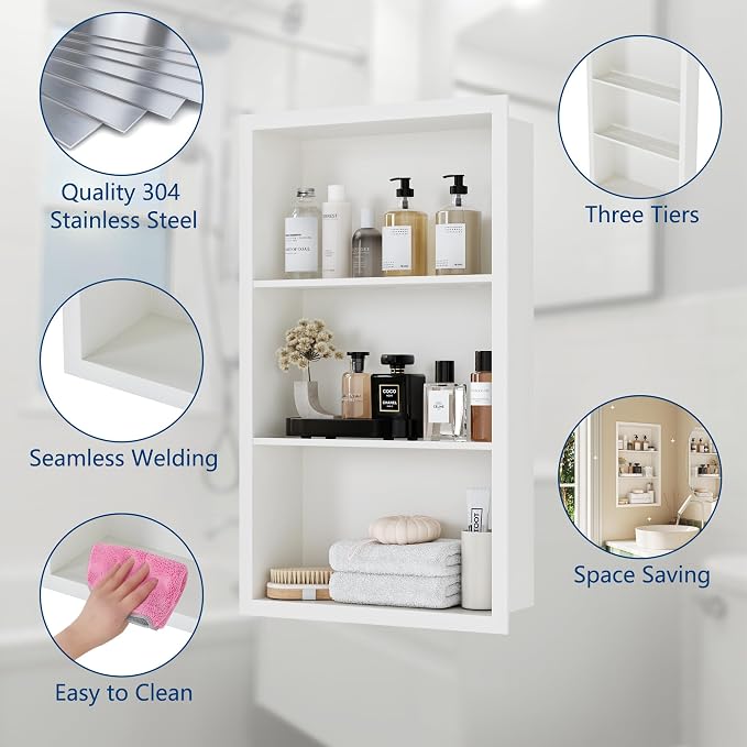 Qeke 14x 24 Medicine Cabinet Recessed with 3-Tiers Shelves, Matte White | 304 Stainless Steel Medicine Cabinet without Mirror, No Tile Needed Wall Niche for Bathroom Storage, Space Saving & Durable
