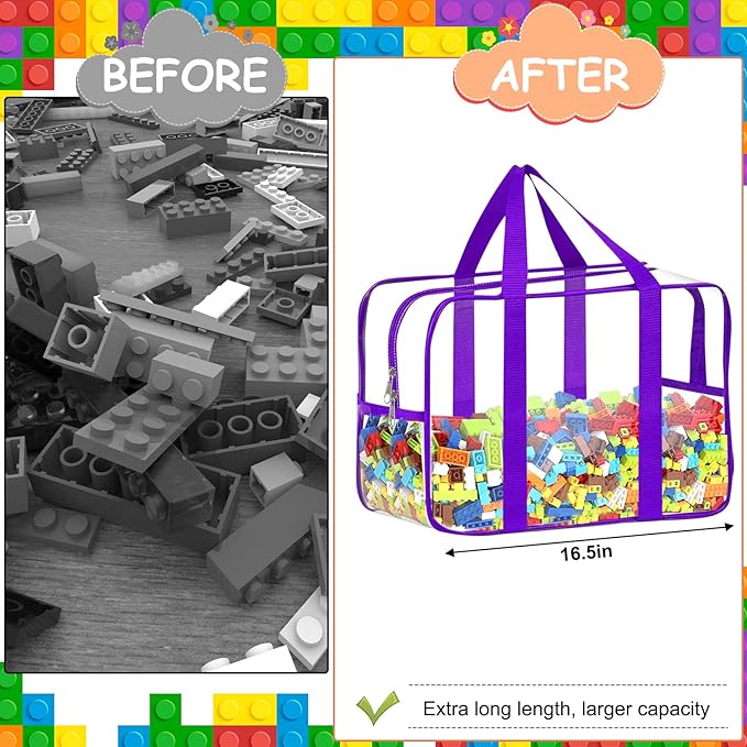 6 Color XXL Toy Storage Bags 16.5×11.8×6.8In with Labels, Large Capacity Reusable Clear PVC Storage Bags, Travel Waterproof Organizer Bags with Double Zipper