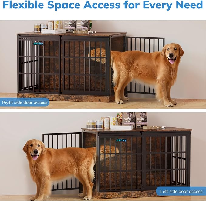 Petrova 47" Dog Crate Furniture for Large/Medium Dogs, Heavy Duty Dog Kennel Indoor with Name Tag, Wooden Dog Cage with Sliding Barn Door, Decorate House as TV Stand, End Table, Brown