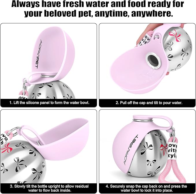 Portable Dog Water Bottle 10oz Stainless Steel Travel Dog Water Dispenser with Bowl No-Spill Puppy Water Bottle for Walking Hiking Small Dog Water Bottle (Pink Bow Print)