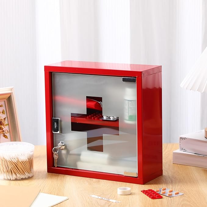 Timgle First Aid Wall Cabinet with Lock Medicine Wall Mounted Bathroom Storage Hanging Medical Cabinet with Safety Glass Door for Bathroom(2 Shelves,Red)