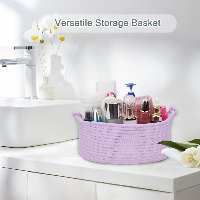 COMSE Small Gift Basket Empty with Bag & Ribbons, Solid Purple | Cotton Rope, 12"x 8"x 5", Pet Toy Storage Organizer, Woven Basket for Birthdays, Baby Showers, Mother’s Day, Valentine’s Day