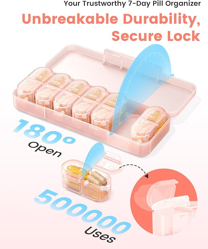 Pillex Weekly Pill Organizer 2 Times a Day, Daily AM PM Pill Box Case 7 Day with Large Openings for Easy to Use, Travel Medicine Container for Medication, Vitamins, Supplements - Pink