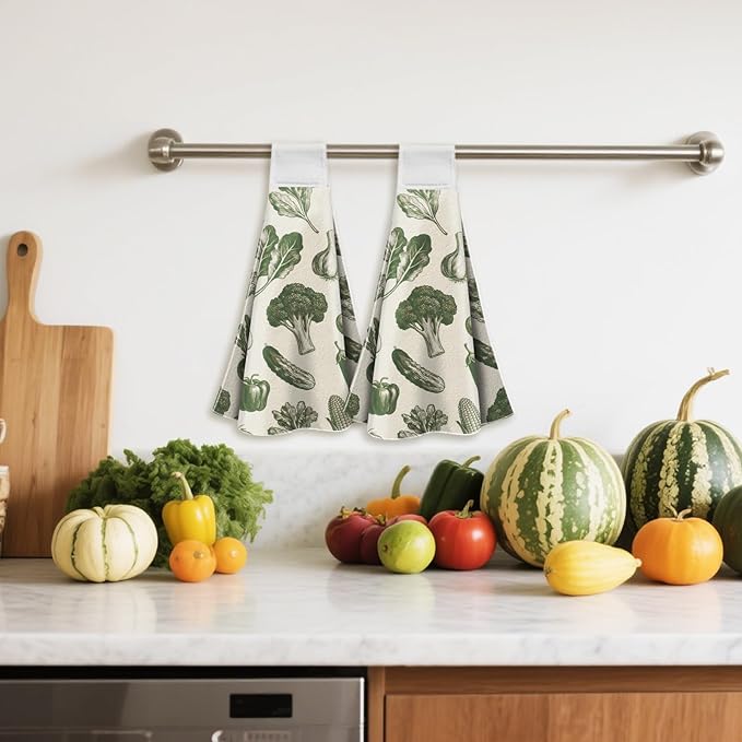CUTHOLLOW Fruits Vegetables Hanging Kitchen Towels with Loop, Set of 2 - Soft & Super Absorbent Microfiber Decorative Hanging Dish & Hand Towel, Tea, Coffee Towel for Kitchen Bathroom Oven Handle