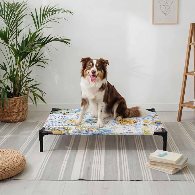 Summer Village Elevated Dog Bed, Coastal Blue Flowers Cart Yellow Lemons Starfish Outdoor Raised Pet Bed for Dogs Cats, Portable Breathable Cooling Waterproof Pet Cot 28x22 Inch