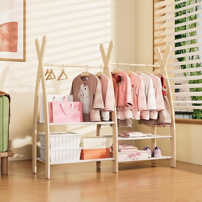 HedoAjim Kids Clothing Rack Dress Up Storage Closet for Girls Baby Garment Wardrobe Toddler Costume Closet with Double Hanging Rod Wood 2 Tier Bottom Storage Shelves (Double Tires)