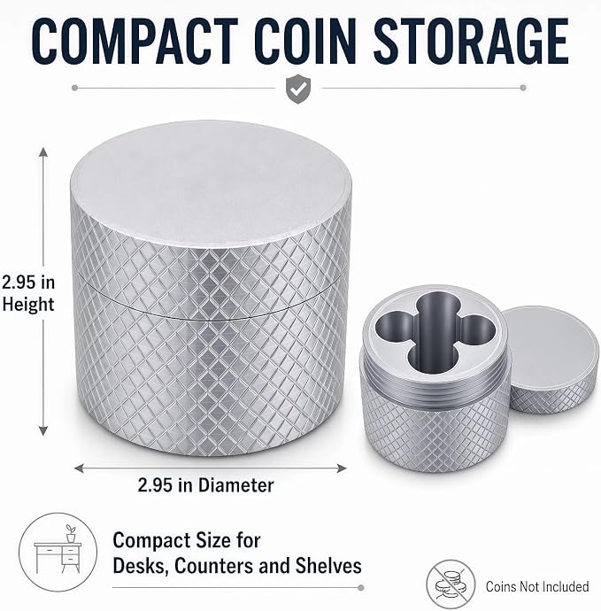 Precision USD Coin Holder and Change Organizer for Car & Desk – Sleek Metallic Silver Storage Dispenser for Quarters, Nickels, Dimes, and Pennies, Compact Travel EDC Hardware