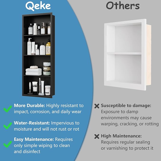 Qeke 14x 36 Medicine Cabinet Recessed with 4-Tiers Shelves, Matte Black | 304 Stainless Steel Medicine Cabinet without Mirror, No Tile Needed Wall Niche for Bathroom Storage, Space Saving & Durable
