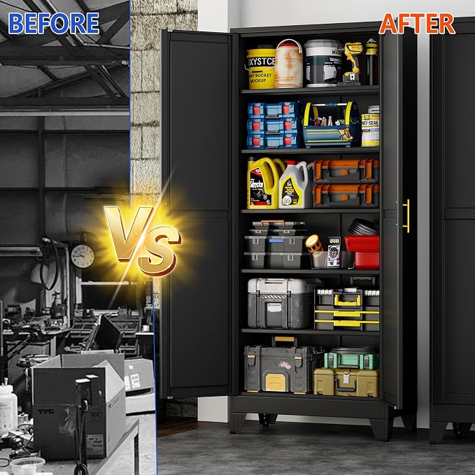 GAIOUS 75''Tall Metal Garage Storage Cabinet,File Cabinet with Door and Adjustable Shelves, Outdoor Steel Tool Cabinet for Home,Office,Warehouse,Garage,Black