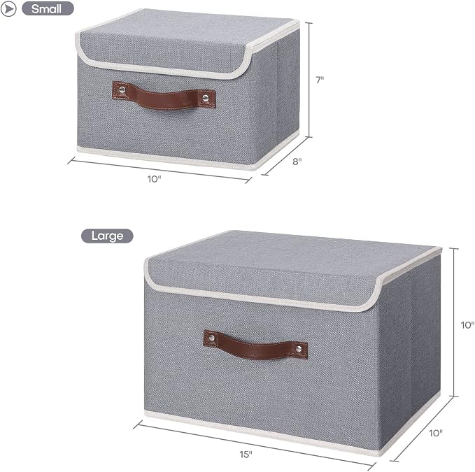 ANMINY Fabric Storage Box Bins with Lids, Gray, 10"x8"x7" | Keepsake Memory Storage, Cotton Linen, PP Board Reinforced, Washable, PU Handles, Foldable & Stackable, Decorative, Small