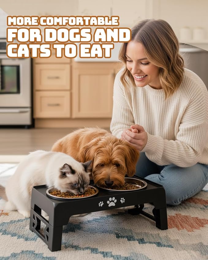 Jovrun Elevated Dog Bowls for Small Dogs and Cats, Non-Slip Cat Bowls with 2 Thick 5.5" Stainless Steel Dishes, Dog Feeder 2 Heights Adjustable to 2.6"-5.3"