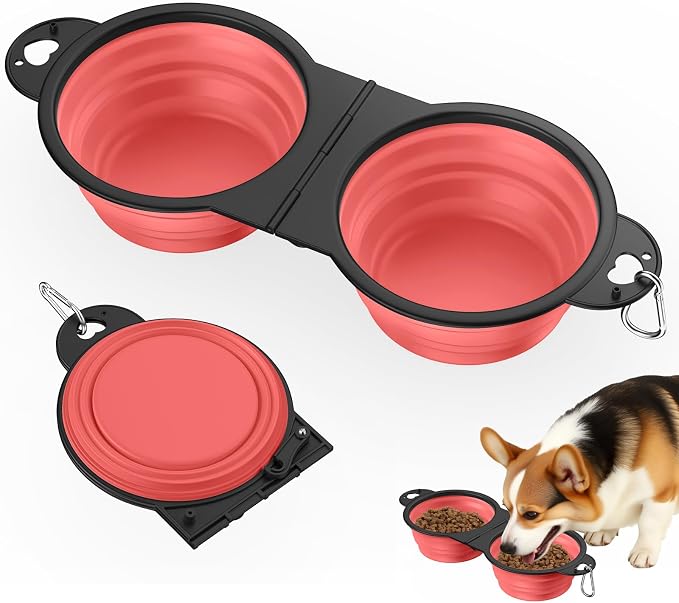 Pawaboo 2-in-1 Collapsible Dog Bowls, 180° Flip Over Dual Puppy Bowls | Food and Water Portable Silicone Dog Bowl with Metal Hook, 450ml Pet Travel Feeder Bowl for Walking Hiking Camping,Light Pink