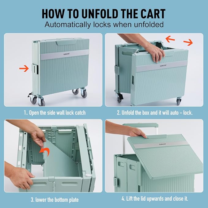 Folding Utility Cart Portable Rolling Crate Handcart Shopping Trolley Collapsible Tool Box, with Lid, on Rotate Wheels, for Grocery, Shopping, Office, Teacher, Camp,File (Green)