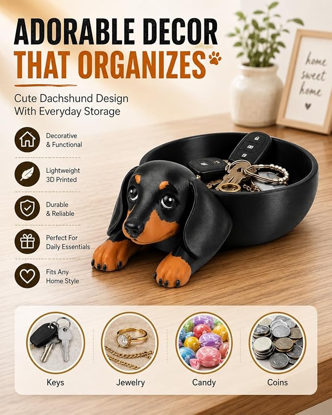 Dachshund Catch All Tray 3D Printed Decorative Dog Shaped Desk Organizer | Cute Wiener Storage Bowl Keys Jewelry Coins Trinket Candy Dish Home Decor Gift Pet Lover Entryway Nightstand(1PC)