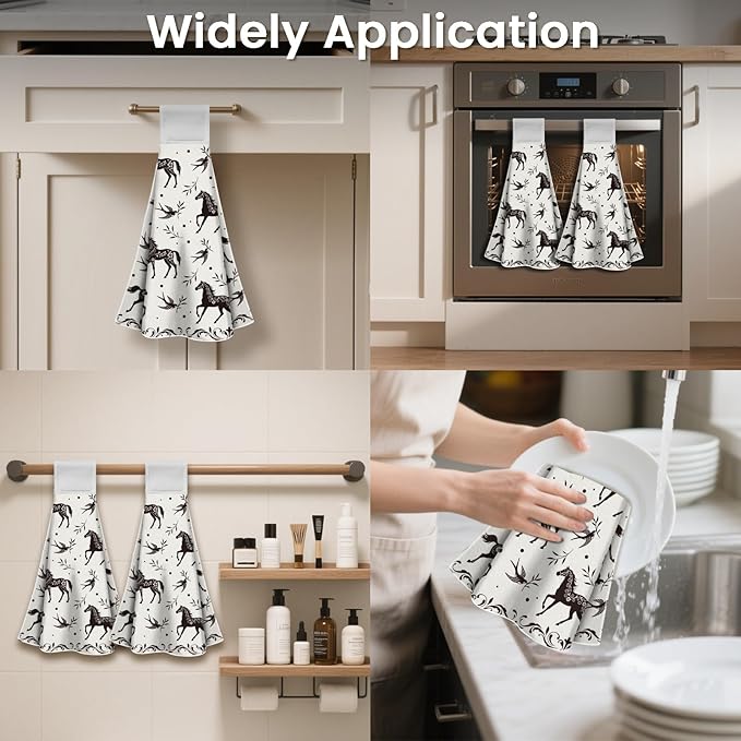 CUTHOLLOW Black Horse and Swallow Hanging Kitchen Towels with Loop, Set of 2 Soft & Super Absorbent Microfiber Decorative Hanging Dish & Hand Towel, Tea Coffee Towel for Kitchen Bathroom Oven Handle