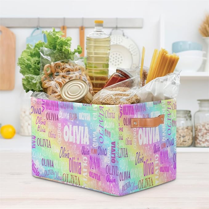 Personalized Kids Storage Basket with Name, Colorful Rainbow Color | Organizing Boys Girls Pets Toys Closet Shelf Clothes Books