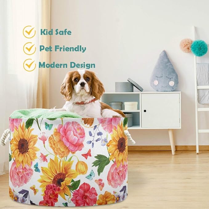 visesunny Storage Basket Sunflower Pink Nursery Hamper Basket Clothes Toy Storage Organizer Bin Box Collapsible Laundry Bag for Kid Room,Playroom,Bathroom,Living Room,Dorm,Office