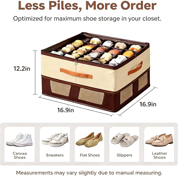 16 Grid Shoe Storage Box Organizer, Foldable Under Bed Shoe Organizer with Clear Lid & Side Mesh Pockets, Large Closet Storage Bins for Sneakers, Heels, Boots, Holds Up to 32 Pairs, 2 Pack