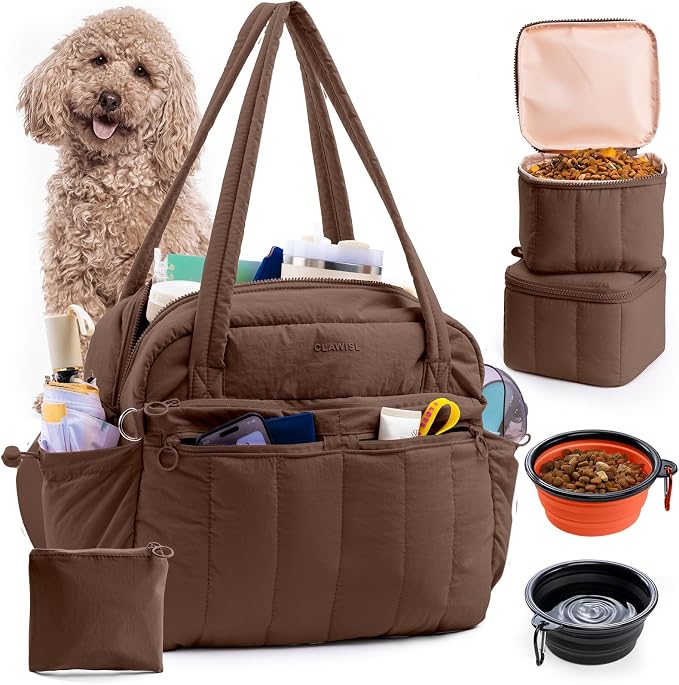 Dog Travel Bag for Supplies, Airline Approved Pet Travel Organizer with 2 Food Containers & Collapsible Bowls, Large Capacity Dogs Tote Bag for Weekend, Stylish Dog Mom Gift for Pet Lovers