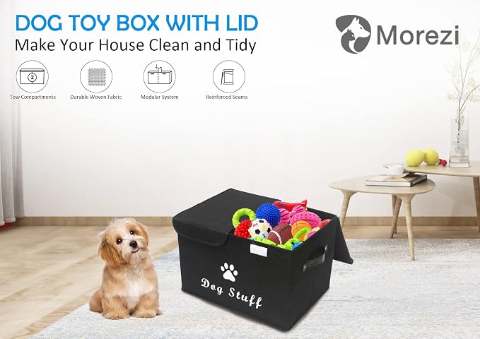 Morezi Large Dog Toy Storage Box with Lid Basket Organizer - Perfect Collapsible Bin for Living Room, Playroom, Closet, Home Organization - Dog - Black