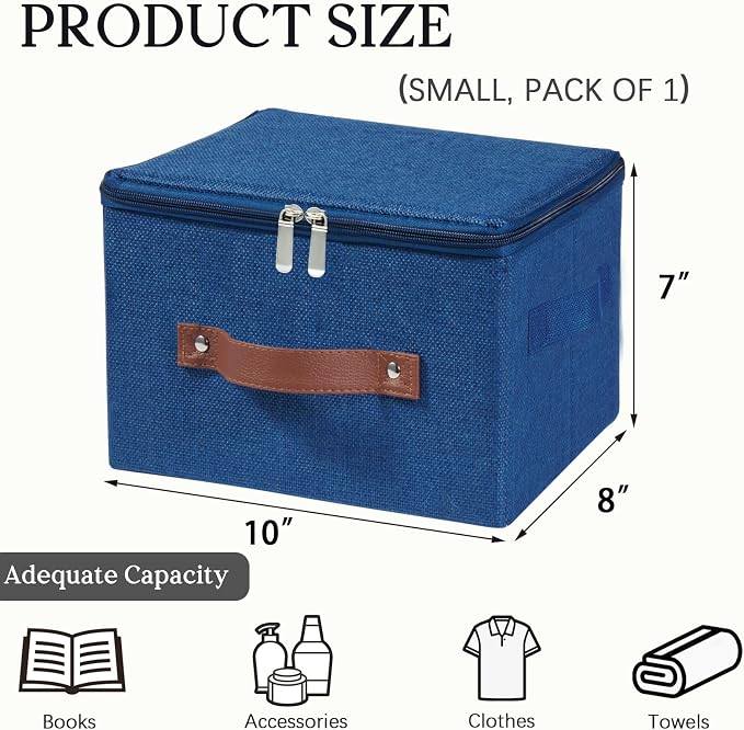 Storage Bins with Zipper Lid Decorative Lidded Storage Boxes | Collapsible Cotton Linen Fabric Storage Baskets, PU Leather Handle, Stackable Shelf Closet Organizer(Dark Blue, Small)