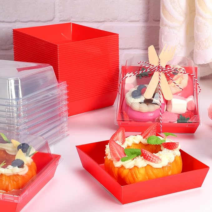Whaline 50 Set Red Small Charcuterie Boxes with Clear Lids Forks Knives Mother's Day Clear Mini Dessert Box Disposable Food Container for Gift Giving Wedding Party Sandwich Cookie Sushi Cake