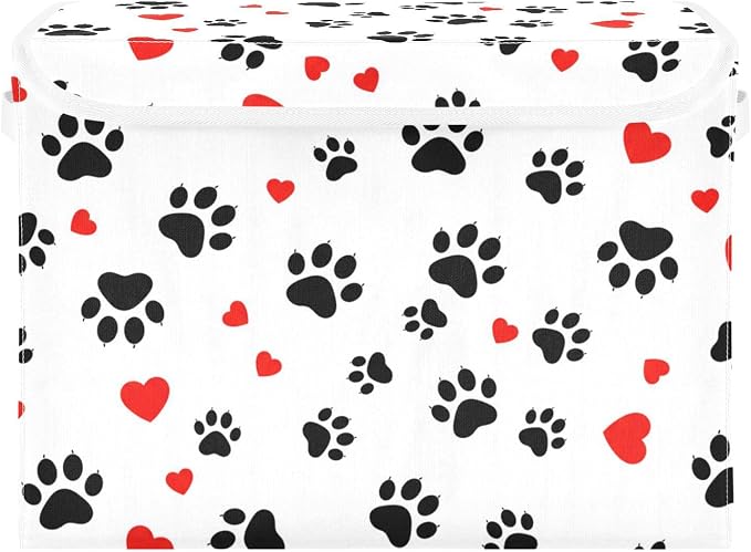 Paw Heart Storage Bins with Lids Closet Bedroom 40L Fabric Bin | Decorative Storage Boxes, Foldable & Stackable, Dust-Proof Flip Top, Reinforced Handles, For Home & Dorm, Clothes & Toy Box