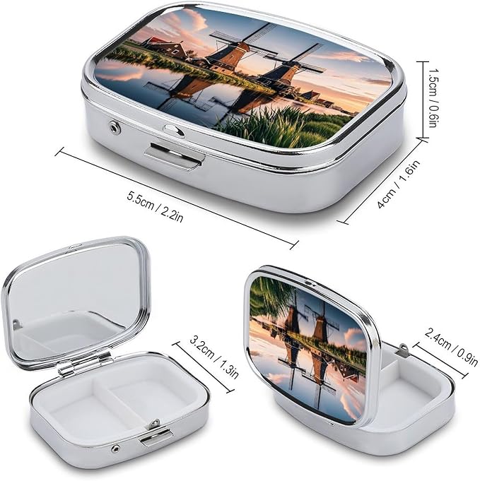 Dutch Windmill Pill Box 2 Compartment Medicine Pill Case Portable Pill Organizer for Pocket Or Purse Decorative Metal Medicine Vitamin Organizer