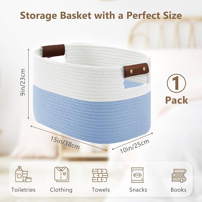 ECDYQXVU 15x10x9 Woven Cotton Rope Storage Basket, Leather Handles 1 Pack | Foldable Design, Sturdy PU Handles, Easy to Clean Organizer for Living Room, Closet, Shelves, Bedroom, Laundry, Clothes