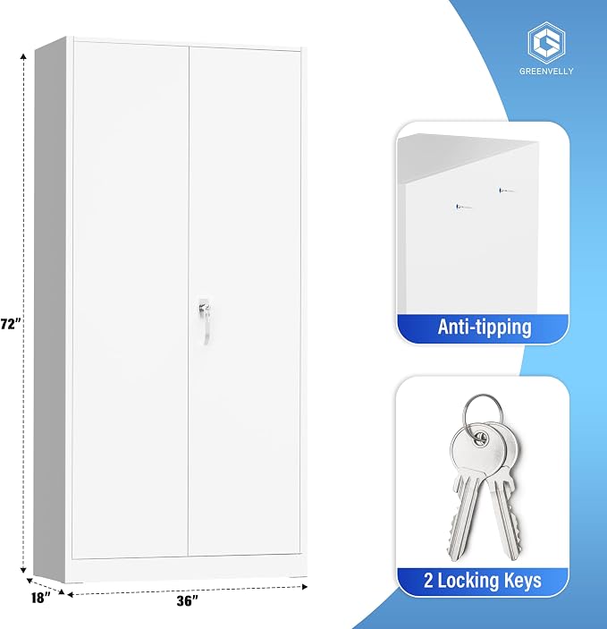 Greenvelly Metal Storage Cabinet - 72" Steel White Cabinet with 2 Doors and 4 Adjustable Shelves, Lockable - Perfect for Garage, Home Office, Pantry