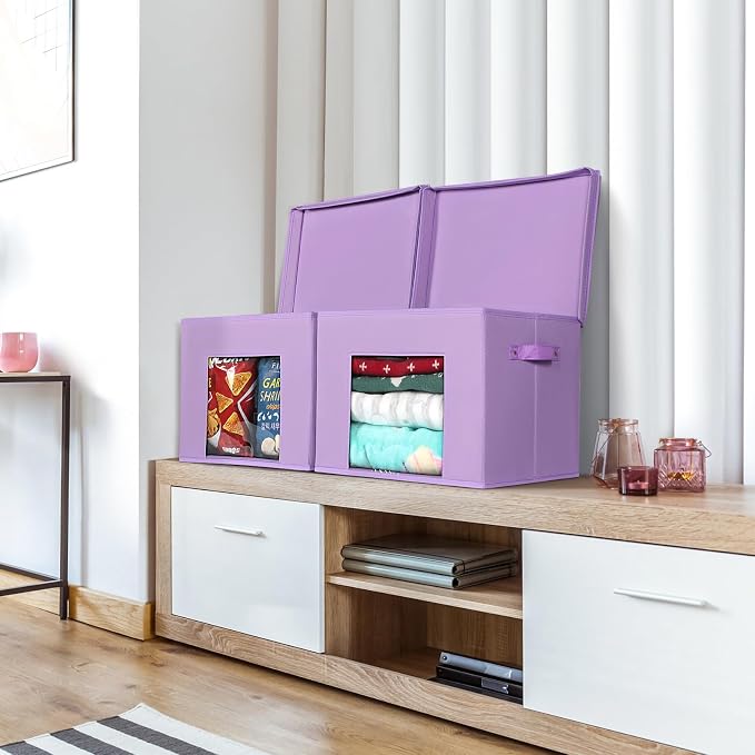 Univivi Fabric Storage Bins with Lids for Closet, 4 Pack, Purple | Fabric Foldable Storage Boxes, Sturdy Collapsible Storage Bins with Clear Window, Storage Cubes for Home, Closet, Shelves