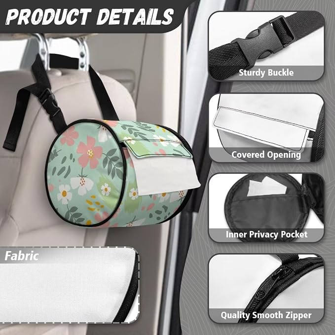 Green Leaf Floral Paper Towel Holder Water Resistant Tissue Dispenser with Adjustable Strap, Collapsible Zippered Cylinder Hanging Toilet Paper Roll Holder