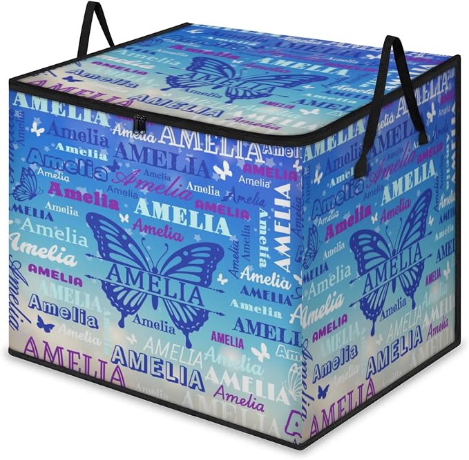 Custom Extra Large Storage Baskets with Lid, Personalized Storage Bins Basket Boxes Handles for Clothes Blanket Bedroom Closet Organizing Toys Shelves, Gradient Light Blue with Butterflies