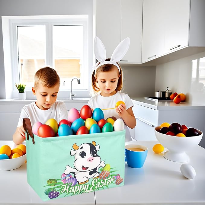 Cow Easter Basket for Kid Large Empty Baby Rectangular Cute Easter Gift Storage Basket Bunny Eggs Décor (Cow)