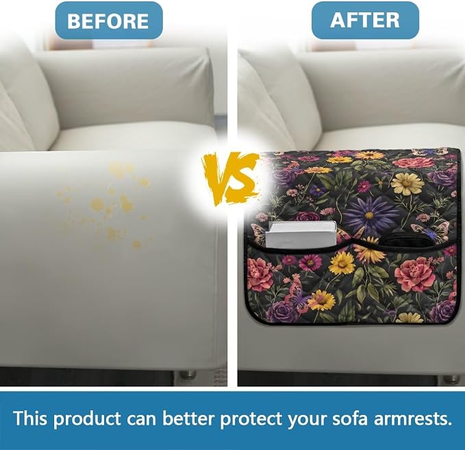 Sofa Arm Rest Cover Armrest Covers for Living Room Loveseat Couch Recliner Armchair Slipcover Sofa Arm Protector for Pets with Organizer Pockets Floral Pattern