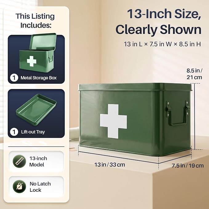 Flexzion Large Metal First Aid Box Empty, 13-Inch, Green with White Cross | Vintage Medicine Box and First Aid Storage Organizer with Removable Tray and Dividers; Empty Box Only, Supplies Not Included