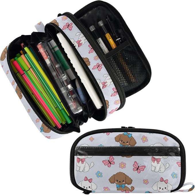 Cute Pets Dogs Blue pattern Large Capacity Pencil Case with Zipper Water Resistant Portable Organizer Pen Bag for Students School Office