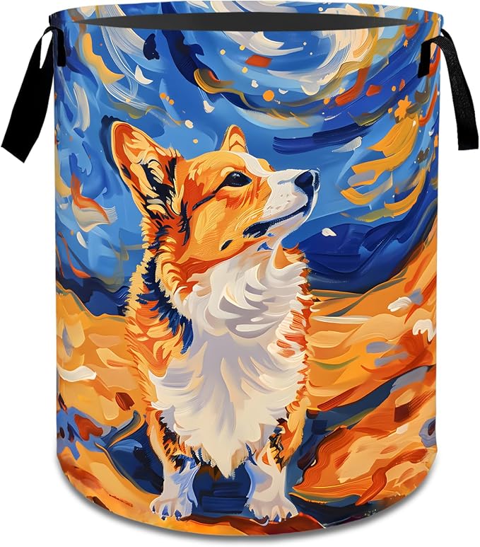 Whimsical Corgi Dog Laundry Basket,Dirty Clothes Hamper,Abstract Puppy and Starry Night Storage Bin Gifts,Waterproof Oxford Cloth Baskets for Bathroom,Bedroom,Home Decoration(19.7" x 15.7")