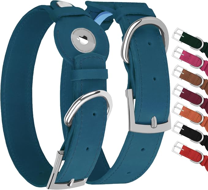 Leather Dog Collar with Airtag Holder - Apple Air Tag Dog Collars - Soft Tracking GPS Pet Collar for Small Medium Large Dogs Breed Puppy (Smoky Blue, M, 12"-15" Neck Fit)