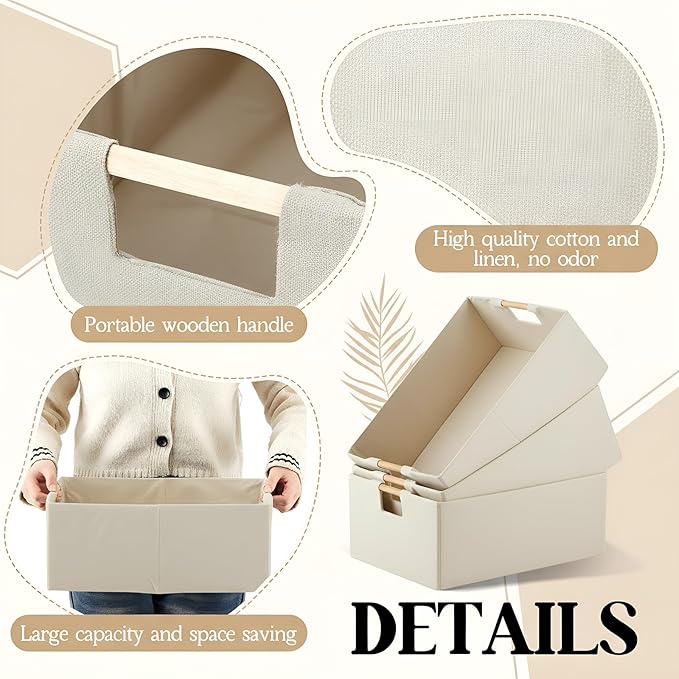Cinnvoice 3 Pack Fabric Storage Bins for Closet Shelves, 15 x 10.6 x 6 Inch Beige Rectangle Wardrobe Organizer with Handle, Collapsible Shelves Storage Basket for Sorting Clothes and Toy