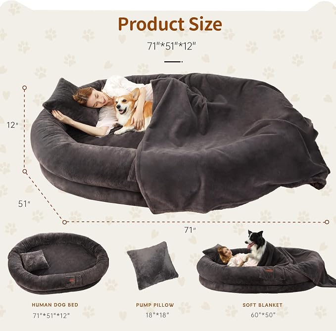 Fvkind Human Dog Bed, Human Size Dog Bed, 71"x51"x12", Dark Grey | Adult Dog Bed for Humans, Soft Plush Faux Fur Cover, Thick Orthopedic Egg Crate Foam, Washable Human Dog Bed for People
