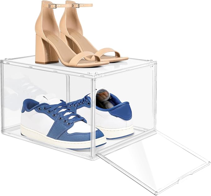 1 Pack Clear Acrylic Sneaker Boxes for Sneakers & High Tops,Fit Size 13 | 10.6 x 14.2 x 9.1 in deep narrow-front boxes for sneakers, athletic shoes and many high-top styles. Space saving storage