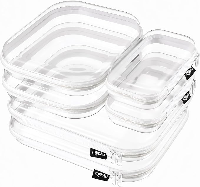 YQBRAO Clear Hard Shell Zipper Cases, Diaper Bag Organizer Pouches, White | Rigid clear shells in three practical sizes organize toiletries, cosmetics, cables, stationery and household essentials