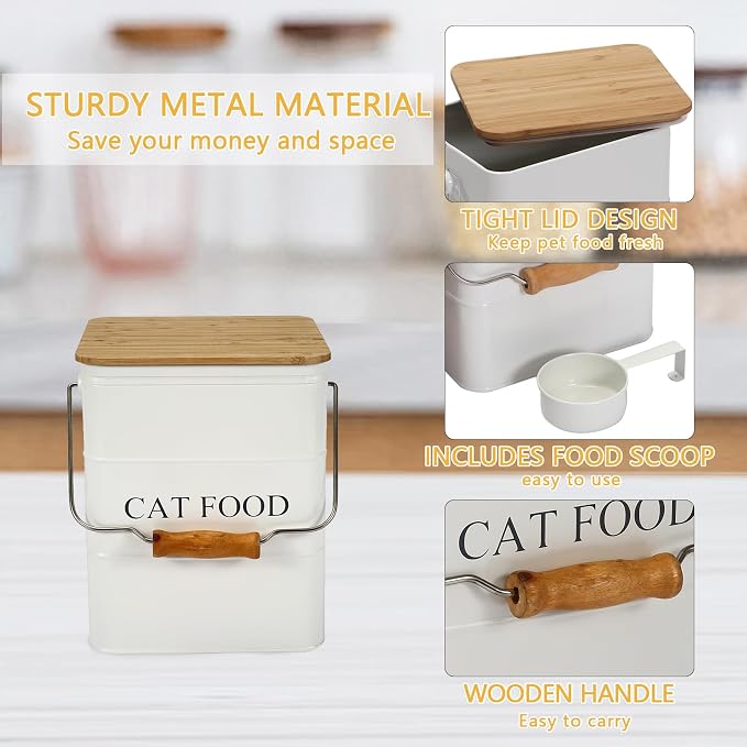 Morezi Cat Food Storage Container Storage bin with Wooden lid Scoop Included White Metal cat Food Container in Kitchen countertop