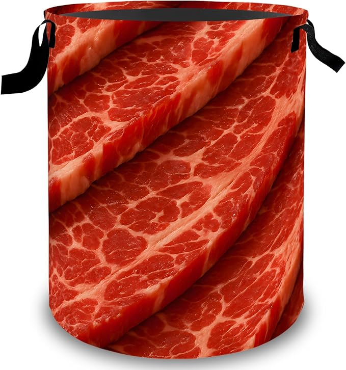 Fresh Beef Basket Hamper, Organizer Bins Gifts for Women Kids, Realistic Meat Food Foldable Waterproof Clothes Hamper Handles Storage Bucket for Bedroom Bathroom Room Decor 19.7"x15.7"