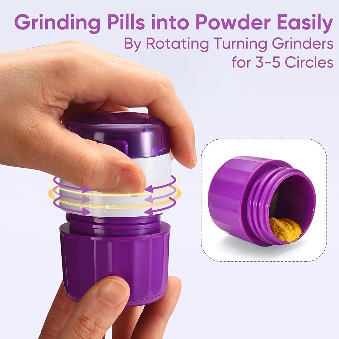 3-in-1 Pill Crusher and Cutter (Purple) | Pills Crusher Fine Powder with Stainless Steel Grinding Head, Storage for Tablets, Cutter Splitter for Small and Tiny Pills