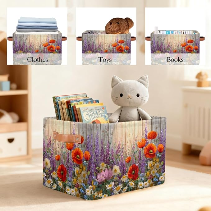 Pardick Storage Baskets Bin, Spring Flower Wood Collapsible Canvas Fabric Storage Bin Decorative Baskets Toy Organizer Rectangle Storage Boxes with handles for Home Shelves Nursery,A-3